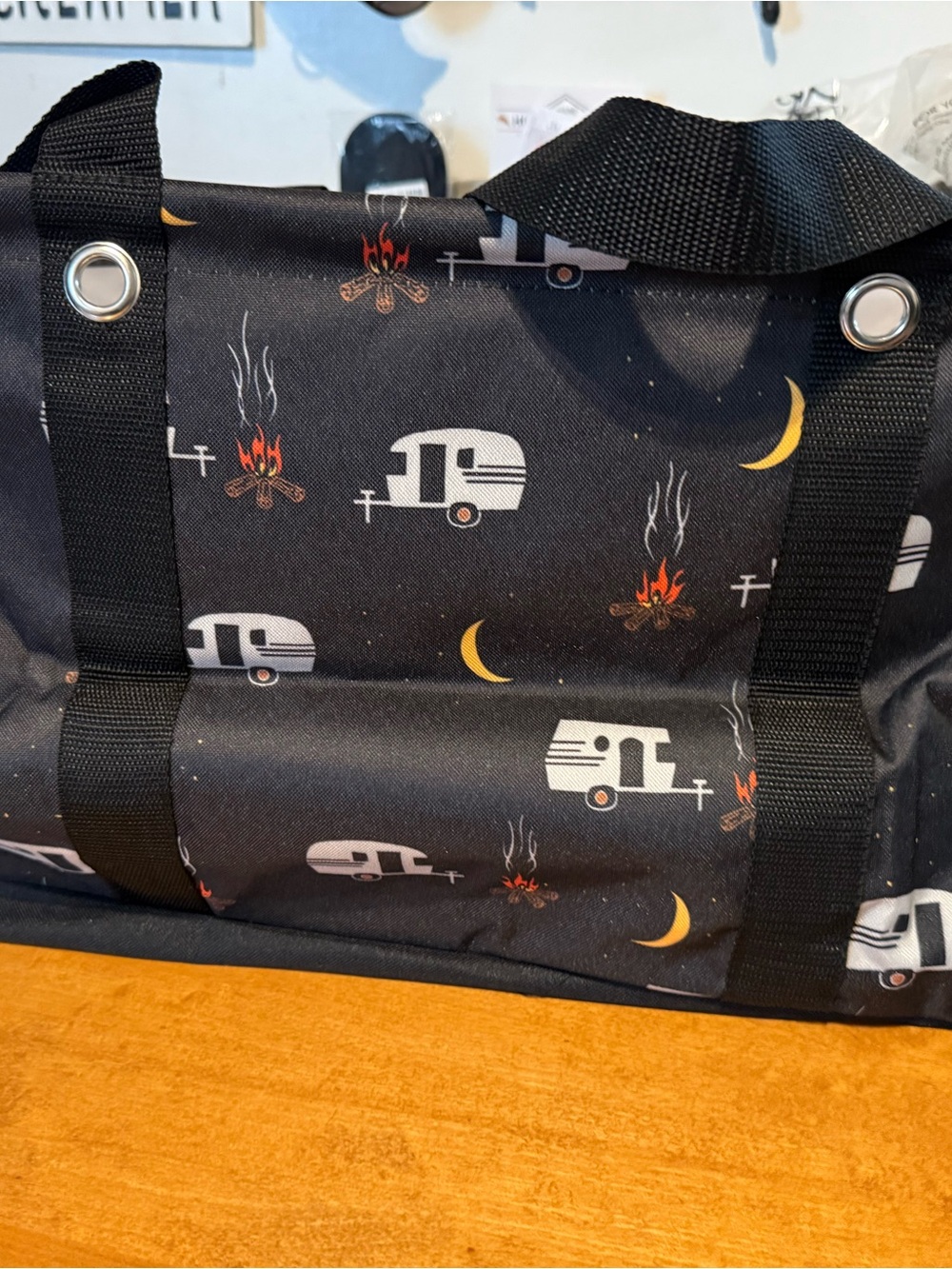 thirty-one Black Camper Print Duffel with Yellow Moon & Orange Campfire Accents